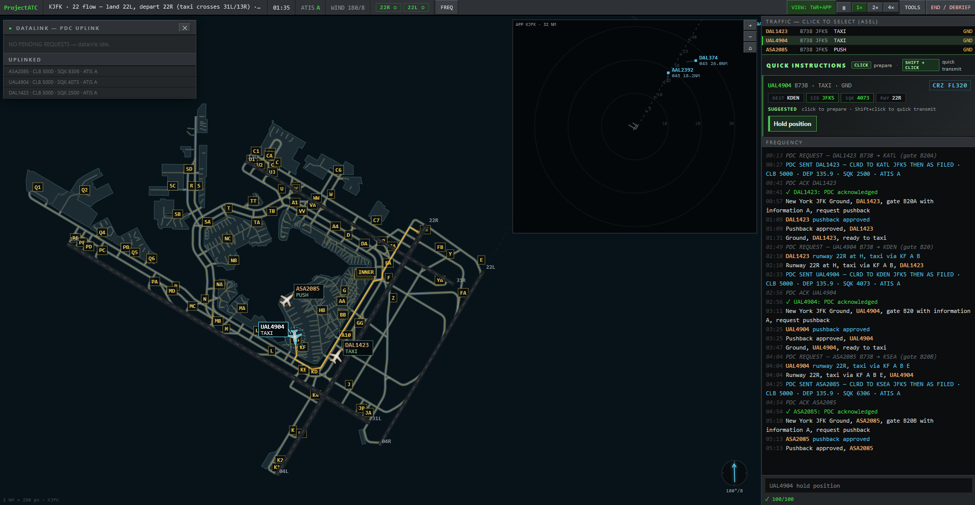 Real ProjectATC session at KJFK: ground radar with taxiing traffic on the real taxiway network, approach inset, flight strips and a radio log full of graded SID clearances